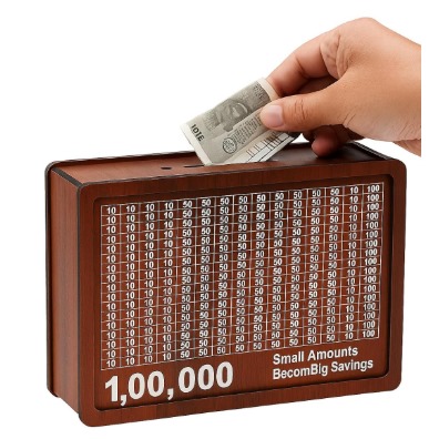 Premium Wooden Savings Challenge Money Box with 1 Lakh Chart | Piggy Bank for Kids & Adults | Money Saving Box for Home, Office & Gifting