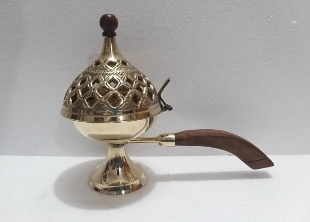 Heavy Brass Loban Burner, 20 cm, Dhoop Dani with Wooden Handle for Pooja, Temple Use