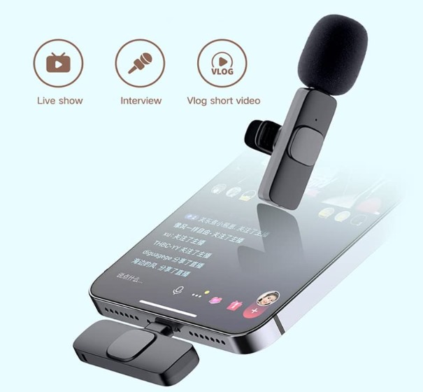 2.4GHz Wireless Microphone, Digital Mini Clip-on Mic with Receiver, Type-C Lightning Compatible, Noise Reduction