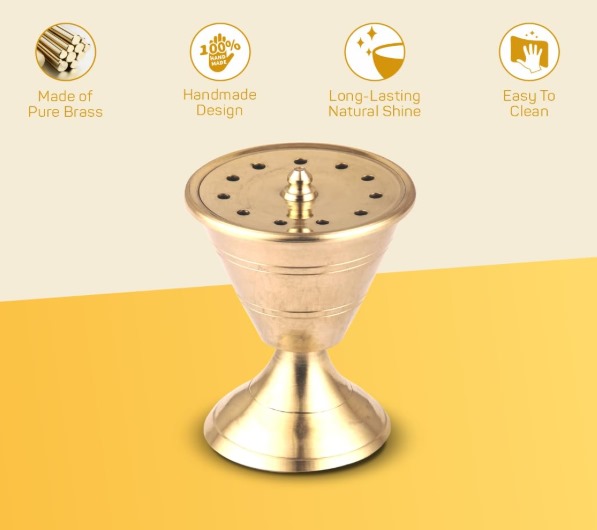 Brass Damru Incense Stick Holder, 7.5 cm Round Stand, Gold, Traditional Temple Pooja Accessory