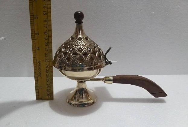 Heavy Brass Loban Burner, 20 cm, Dhoop Dani with Wooden Handle for Pooja, Temple Use