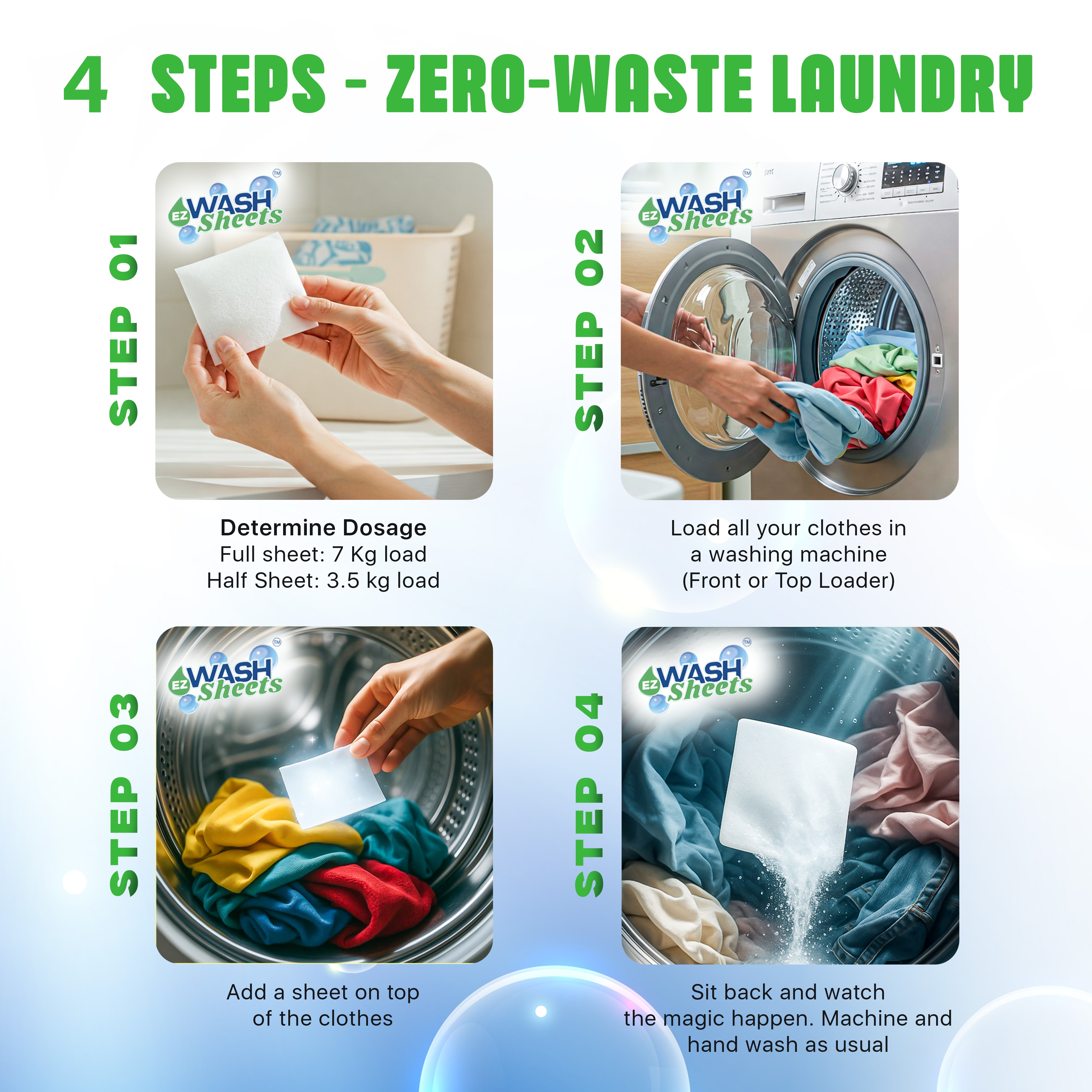 Ezwash Laundry Detergent Sheets- For Top Load & Front Load Washing Machine, Bucket Friendly 