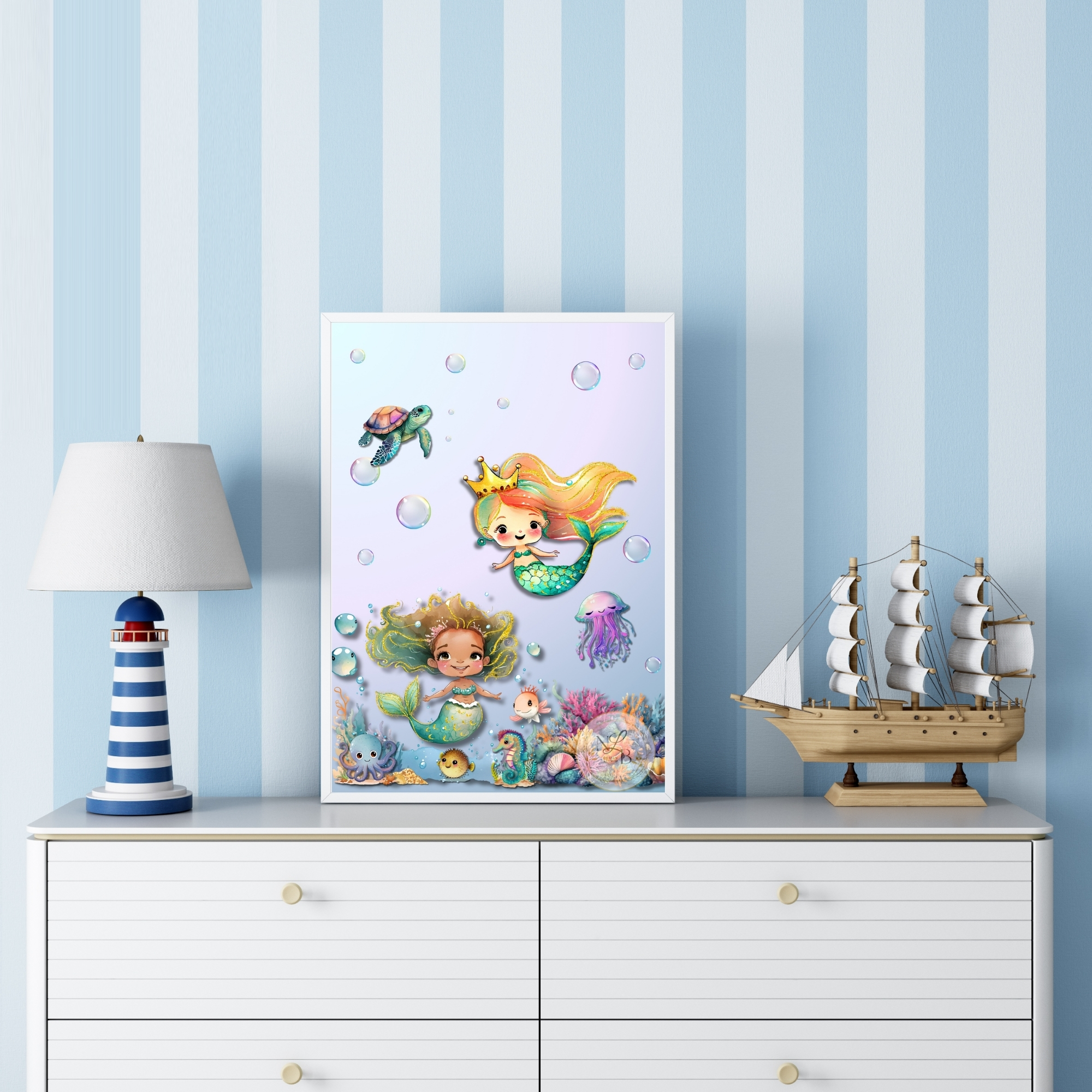 Bubbly Mermaids Nursery Art Print