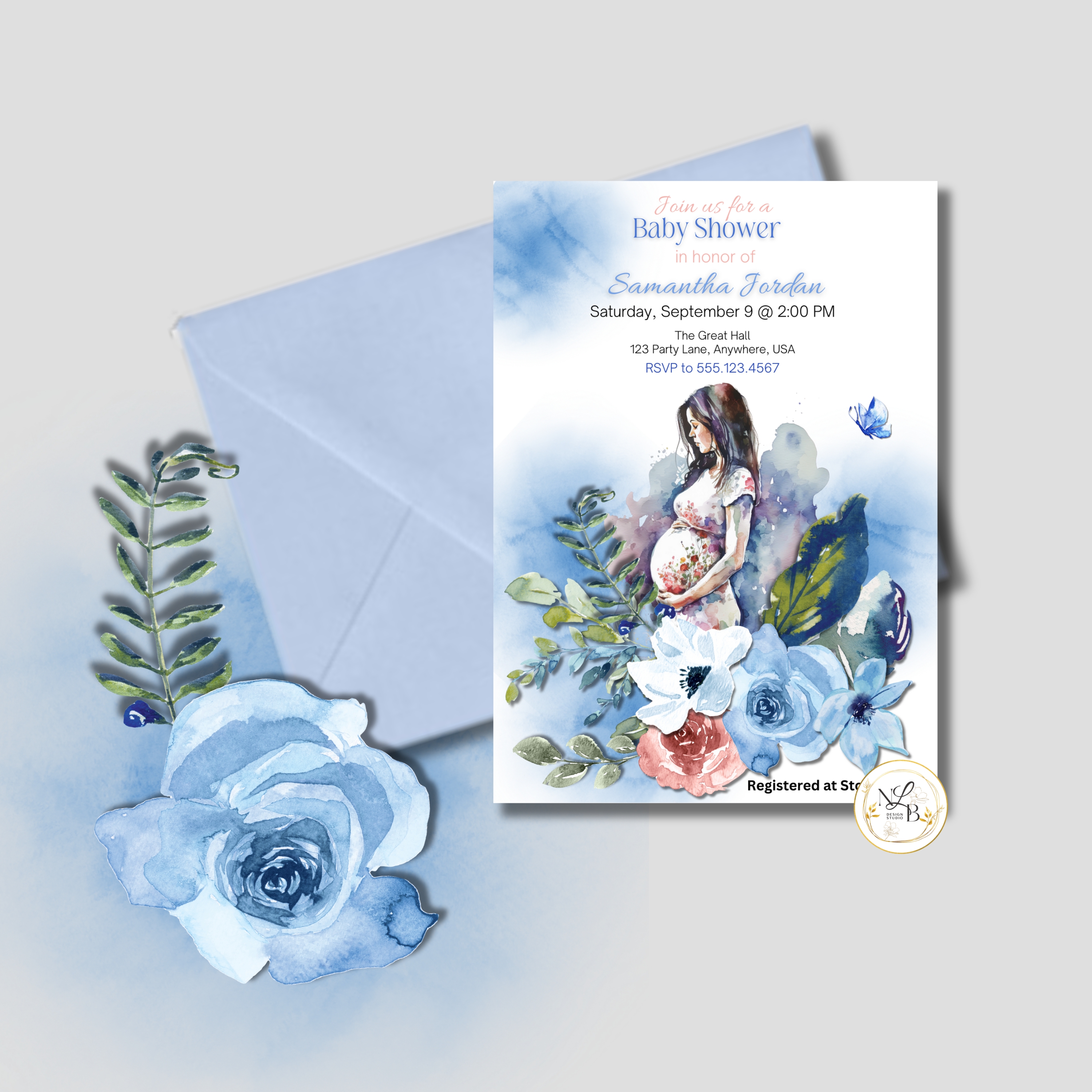 Blue & Cream Floral PERSONALIZED Invitation/Welcome