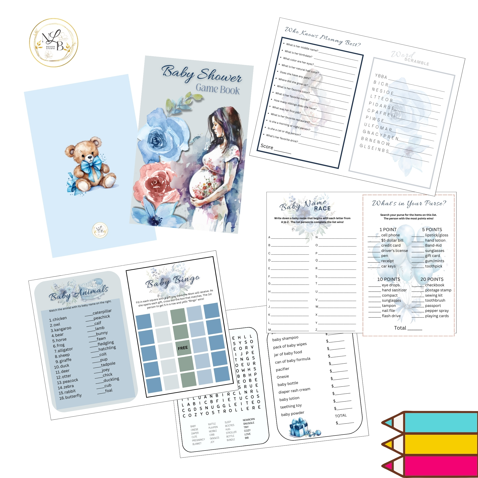 Blue & Cream Baby Shower Game Book