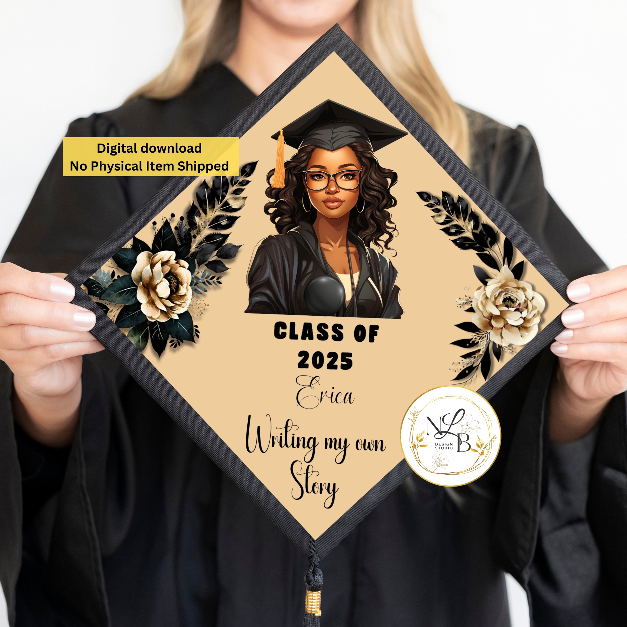 Black & Gold MADE TO ORDER Graduation Cap Topper, Personalized Grad Cap, Printable Cap Toppers, Personalized Cap Topper