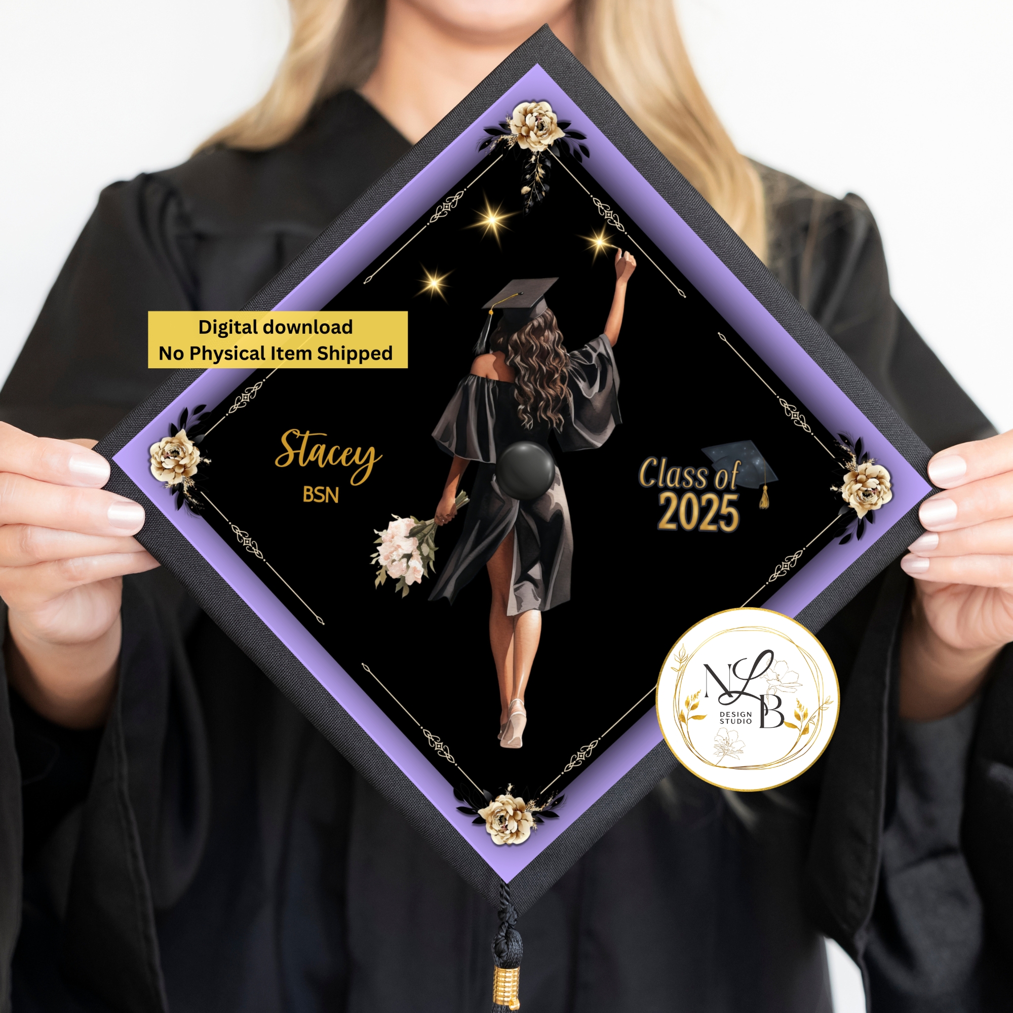 Purple Border MADE TO ORDER Graduation Cap Topper, Personalized Grad Cap