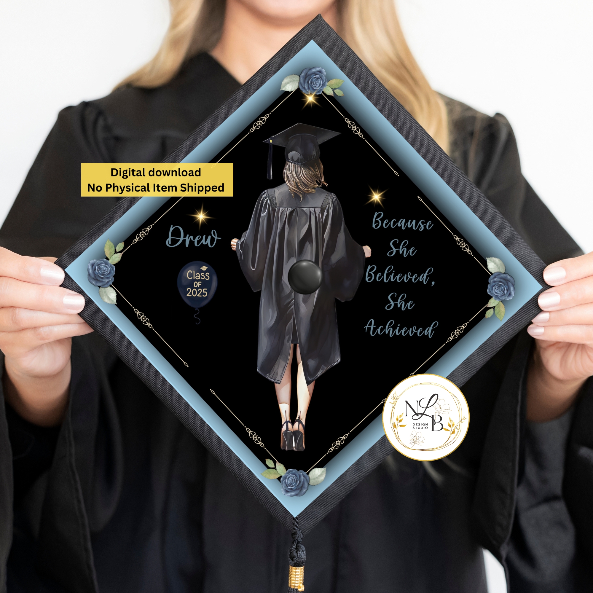 Blue Border MADE TO ORDER Graduation Cap Topper, Personalized Grad Cap