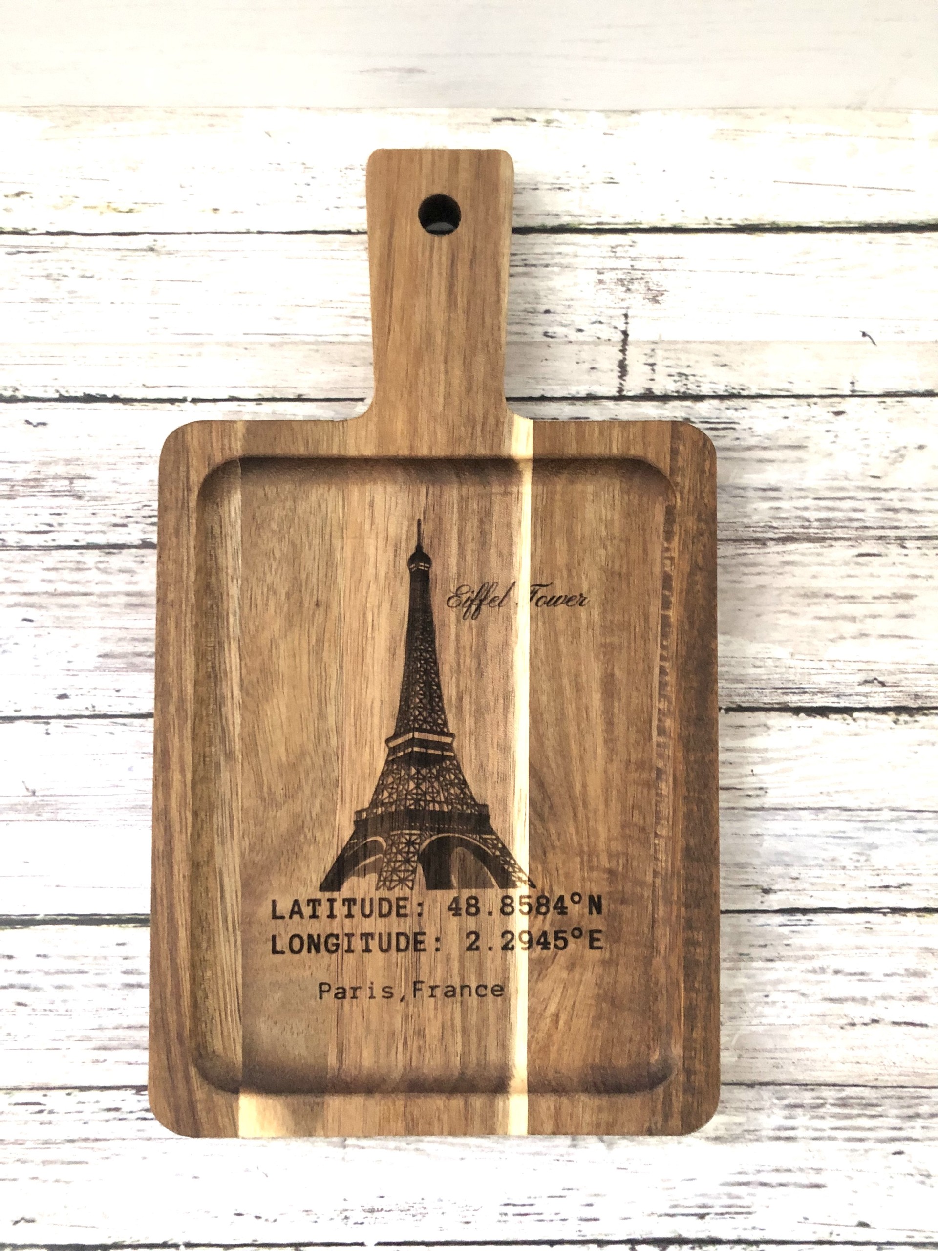 Eiffel Tower Engraved Wooden Cutting Board Latitude & Longitude Coordinates