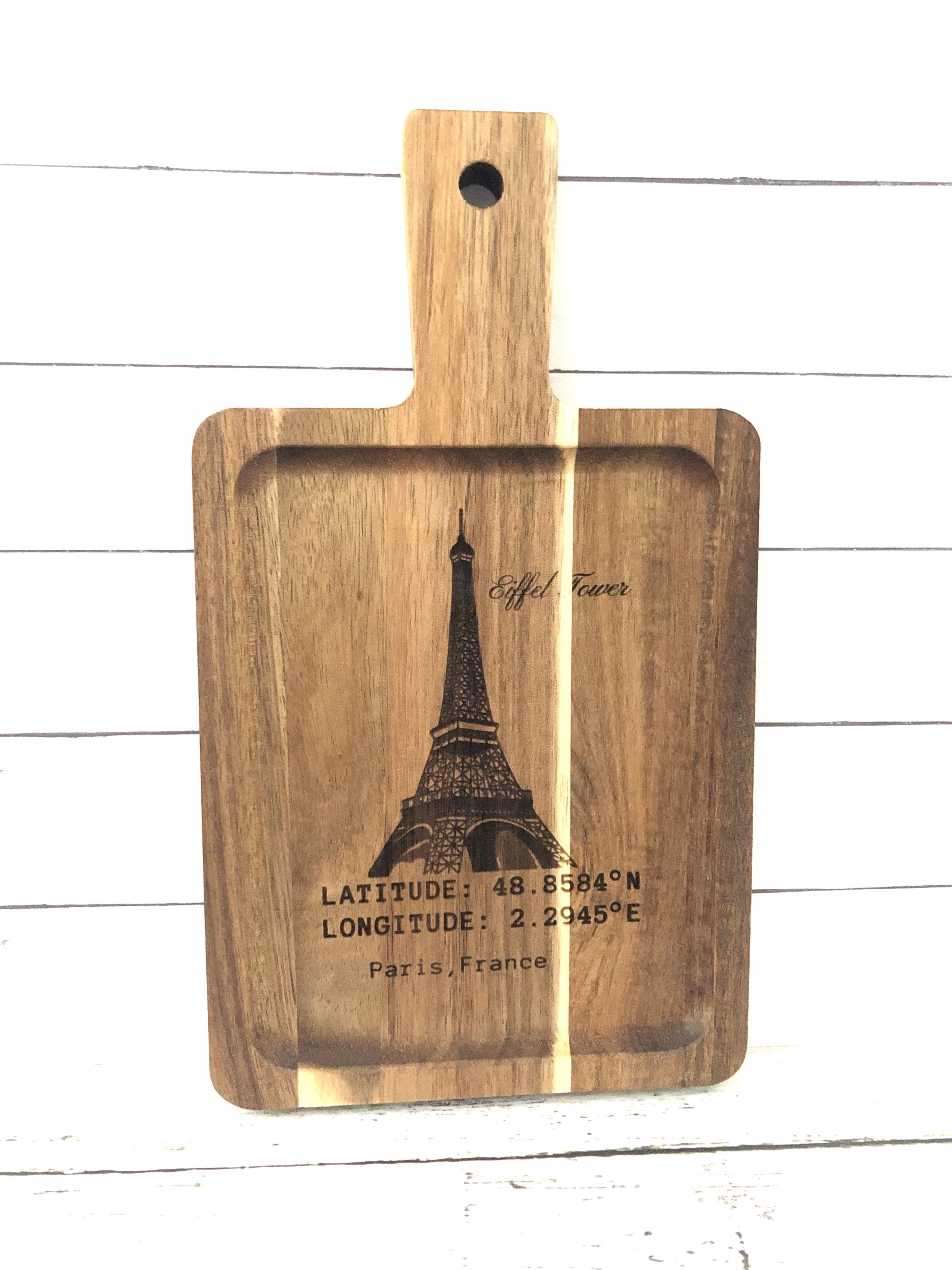 Eiffel Tower Engraved Wooden Cutting Board Latitude & Longitude Coordinates