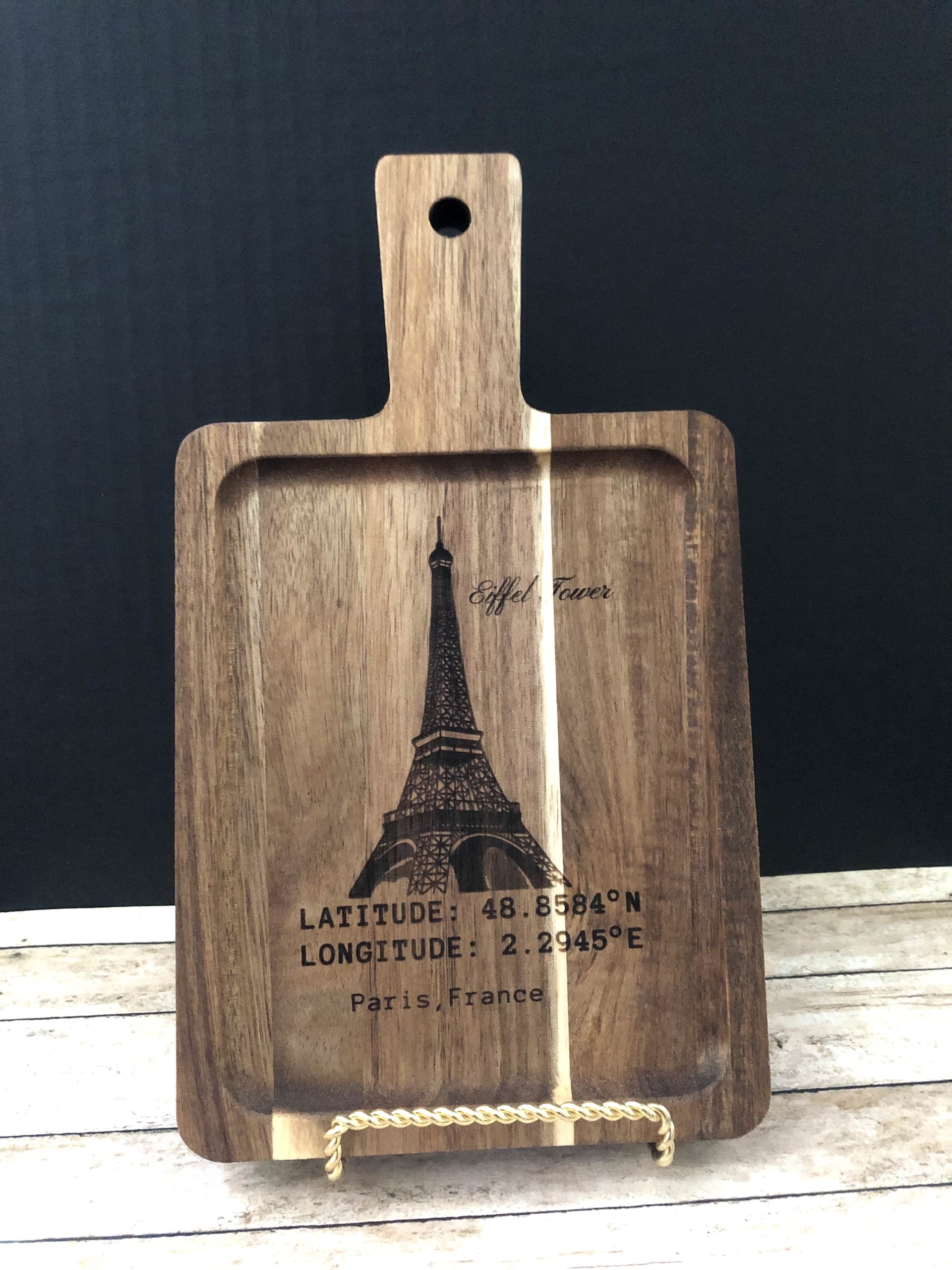 Eiffel Tower Engraved Wooden Cutting Board Latitude & Longitude Coordinates