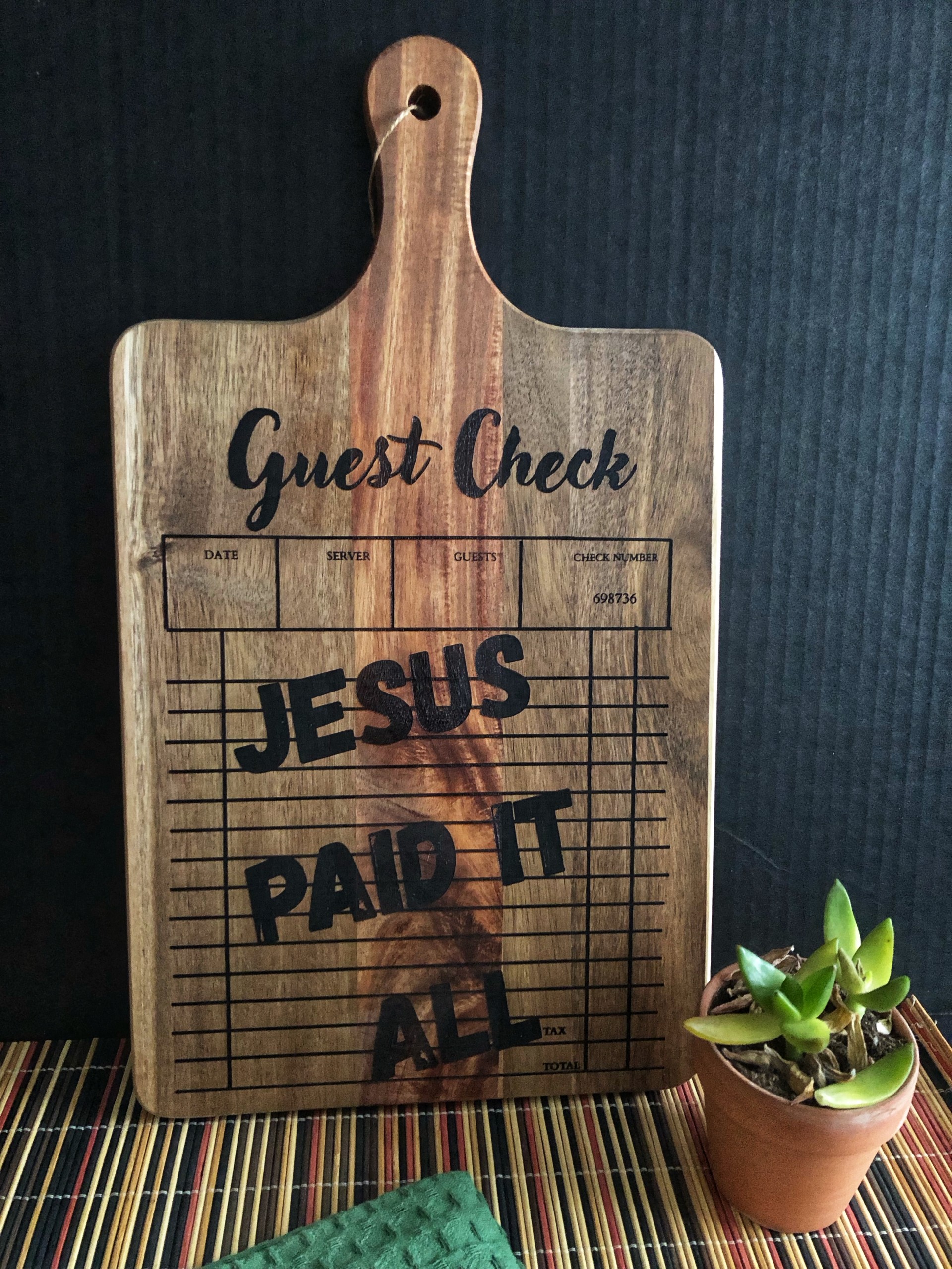 Jesus Paid It All Cutting Board – Christian Kitchen Decor – Guest Check Design – Religious Gift for Her – Inspirational Faith Home Decor
