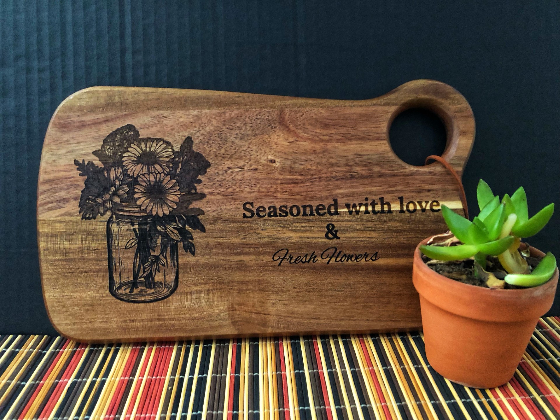 Wooden Cutting Board with Floral Engraving
