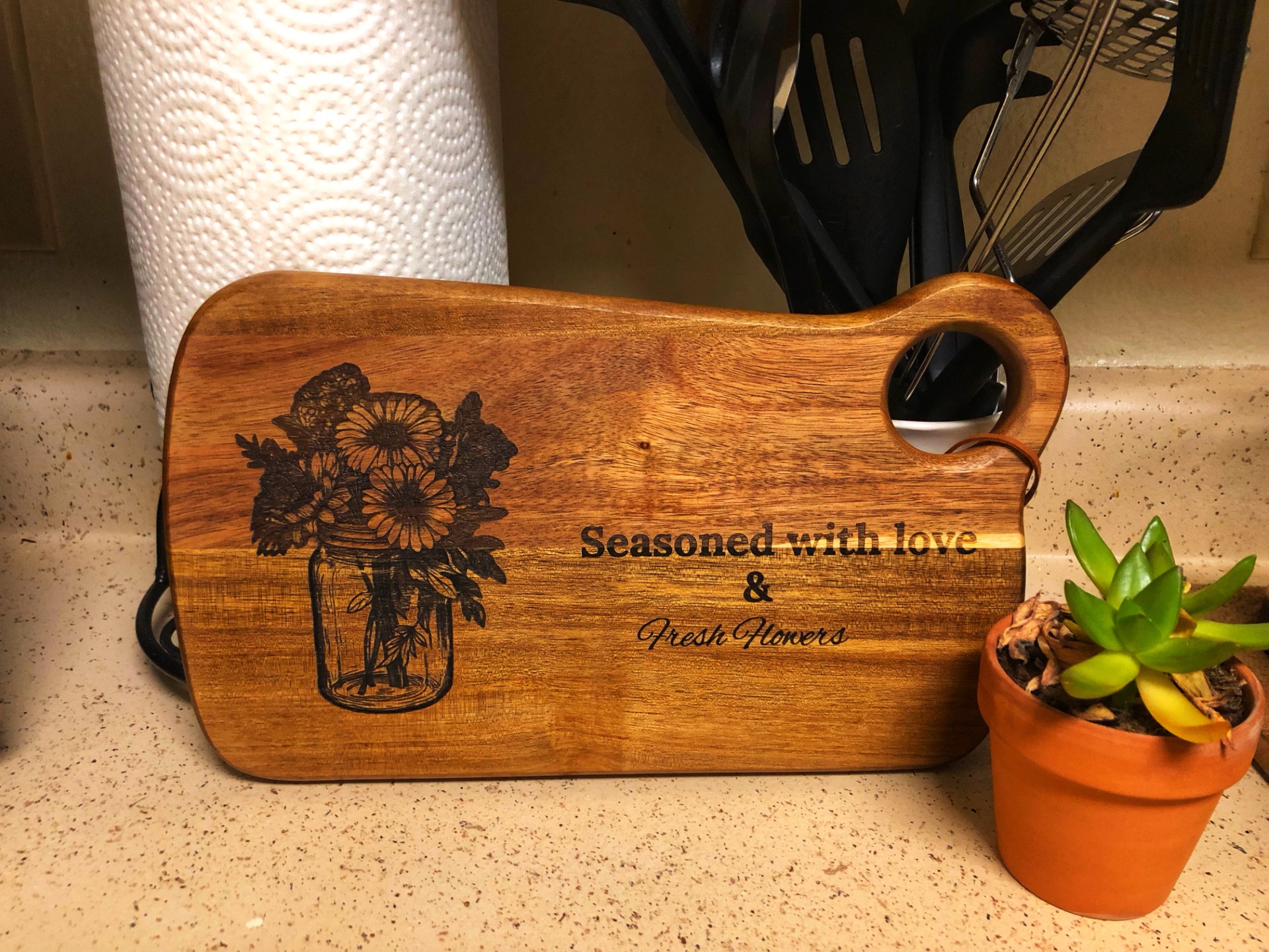 Wooden Cutting Board with Floral Engraving