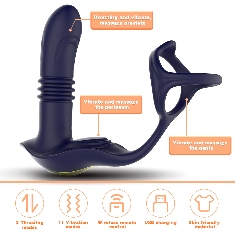 Thrusting Anal Stimulator with Vibrating Cock Ring, Stretchable Prostate Massager Butt Plug with 3 Thrusting and 10 Vibrating Modes, 3 in 1 Realistic Dildo Anal Vibrator, Adult Sex Toys for Men and Couples