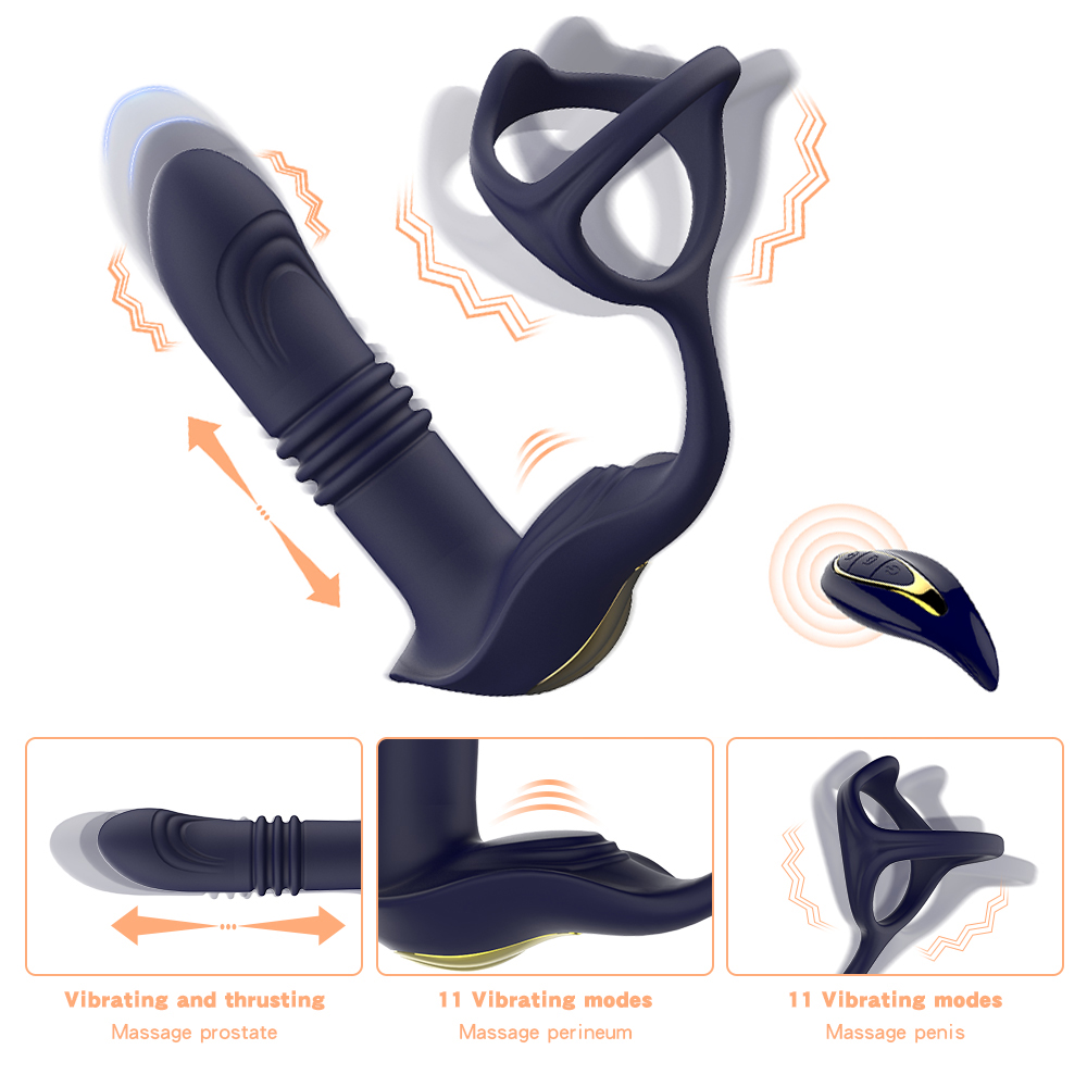Thrusting Anal Stimulator with Vibrating Cock Ring, Stretchable Prostate Massager Butt Plug with 3 Thrusting and 10 Vibrating Modes, 3 in 1 Realistic Dildo Anal Vibrator, Adult Sex Toys for Men and Couples