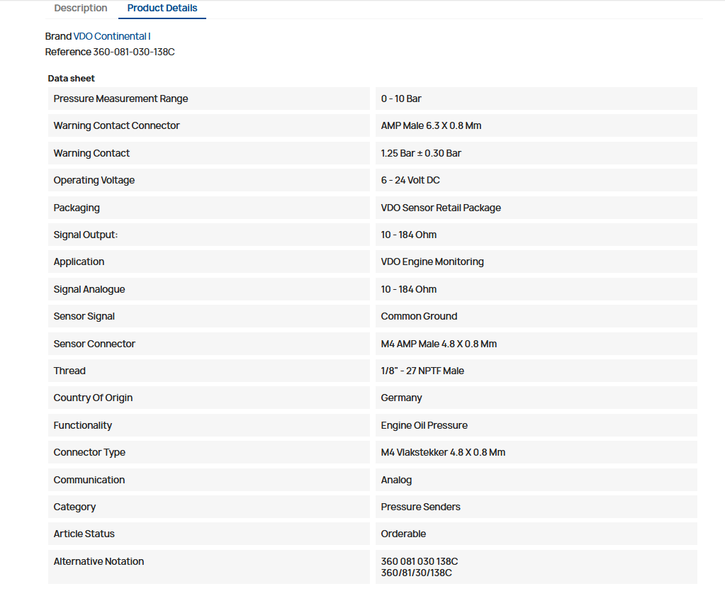Cảm biến áp lực nhớt hiệu VOD dùng cho máy phát điện
