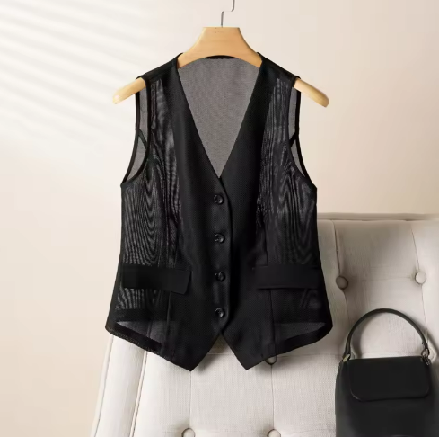 Black Mesh Buttoned Vest
