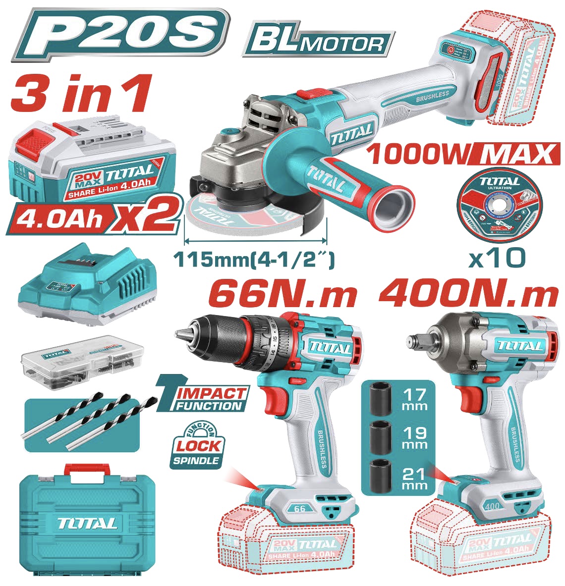 TOTAL P20S Cordless Power Tool Set 3 Pcs COMBO