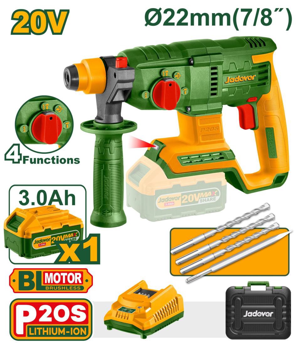 JADEVER - 20V Cordless 22mm Rotary Hammer Drill Set