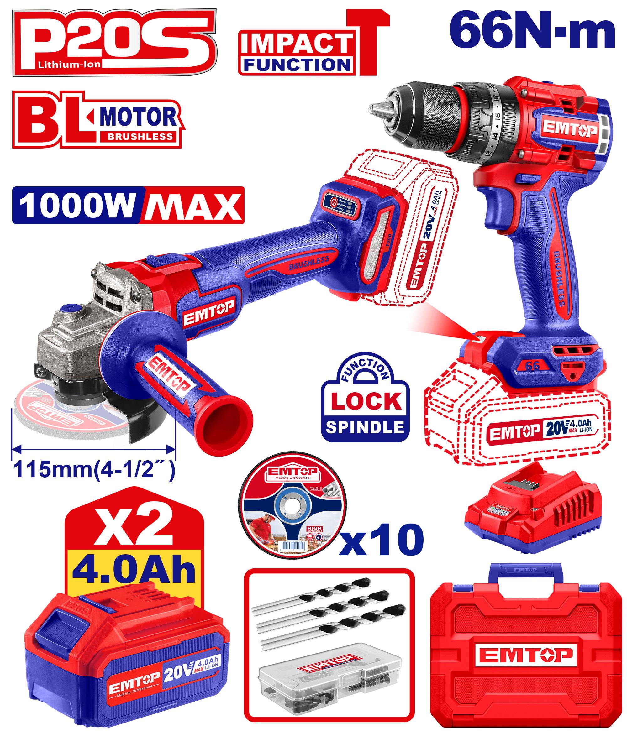 EMTOP 2pcs Combo Set Angle Grinder 115mm & Impact Drill 66Nm