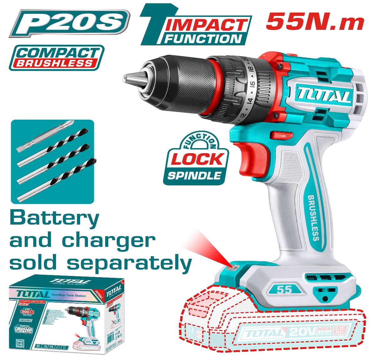 TOTAL Cordless Brushless Impact Drill 55Nm