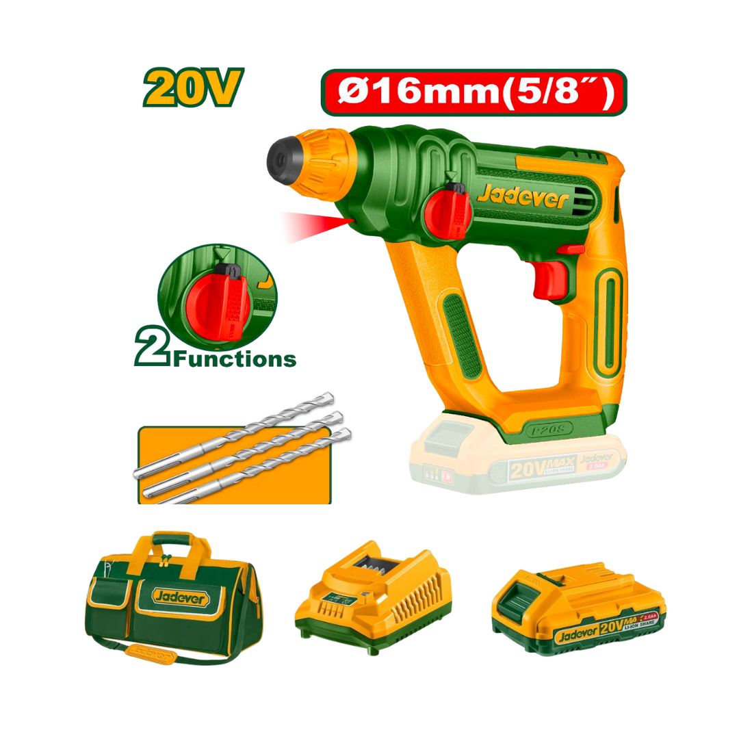 Jadever - 20V Cordless 16mm Rotary Hammer Drill Set w/19" ToolBag