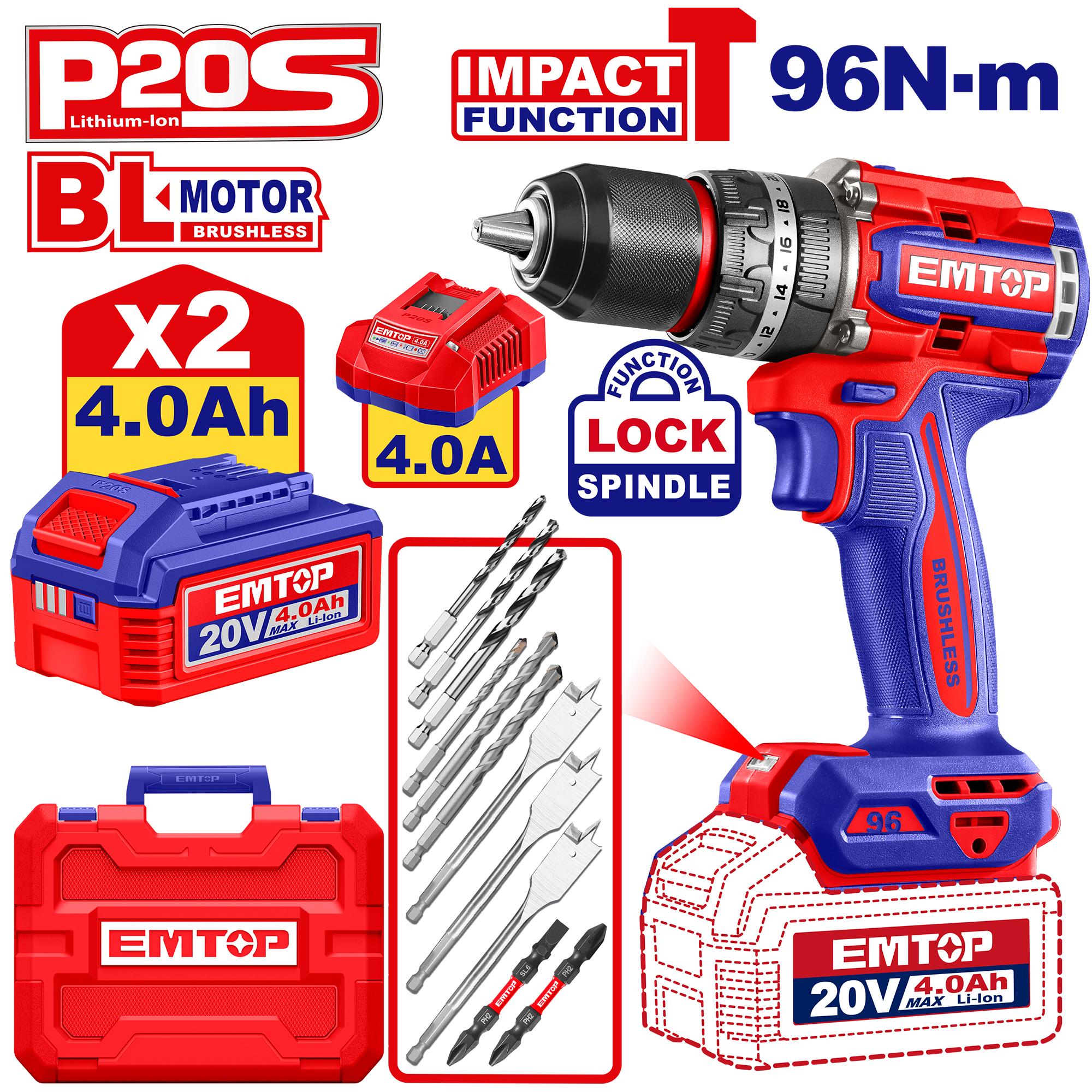 EMTOP - 96Nm Cordless Brushless Impact Drill 20V Set 
