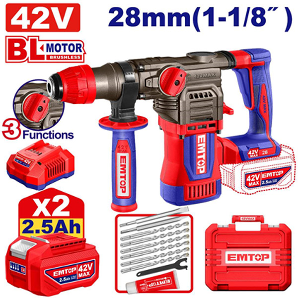 EMTOP - 42V Cordless 28mm Rotary Hammer Drill Set