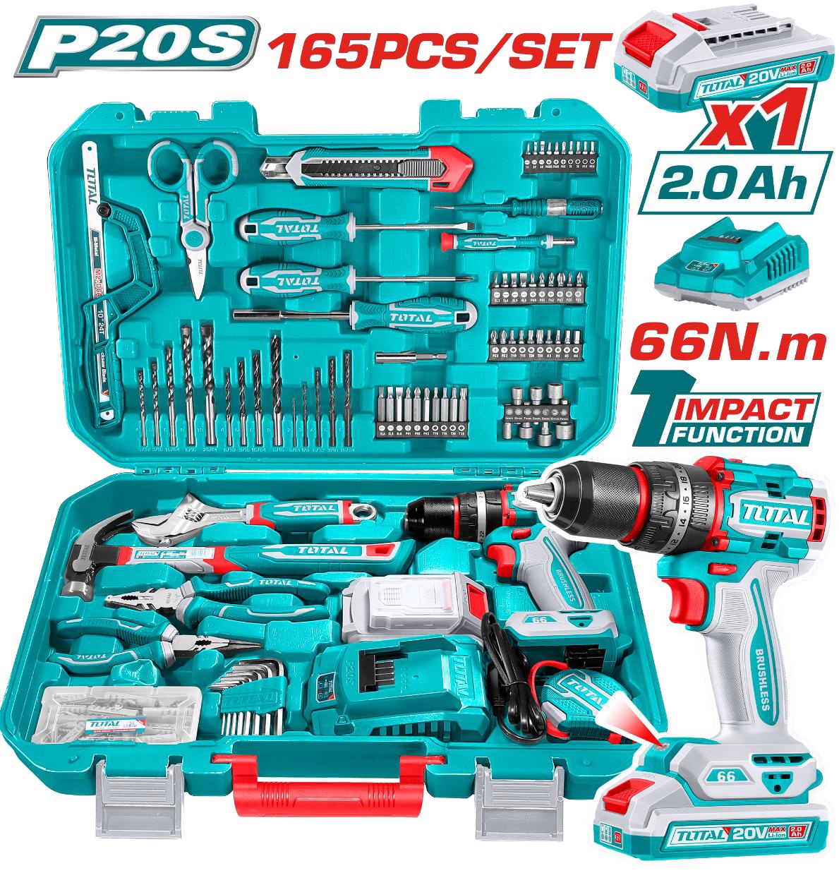 TOTAL - 165 Piece Toolset - w/  Cordless P20S 66Nm Impact Drill