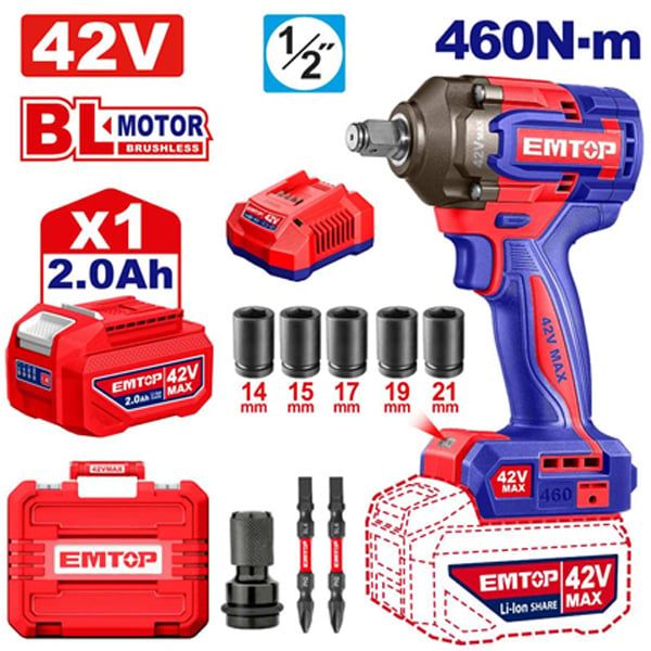 EMTOP - 42V Cordless Impact Wrench Kit 460Nm