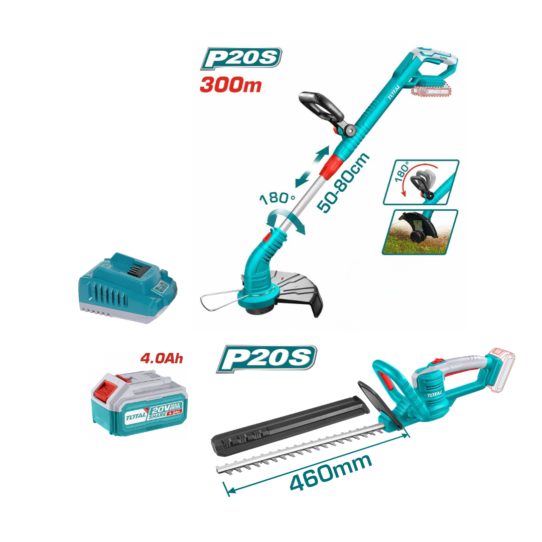 TOTAL - Grass Trimmer and hedge cutter Set w/ 4Ah battery & charger