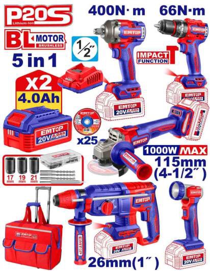 EMTOP -  5-in-1 Cordless Power Tool Set (Impact Wrench, Impact Drill, Angle Grinder , 26mm Rotary hammer , and Work lamp) 