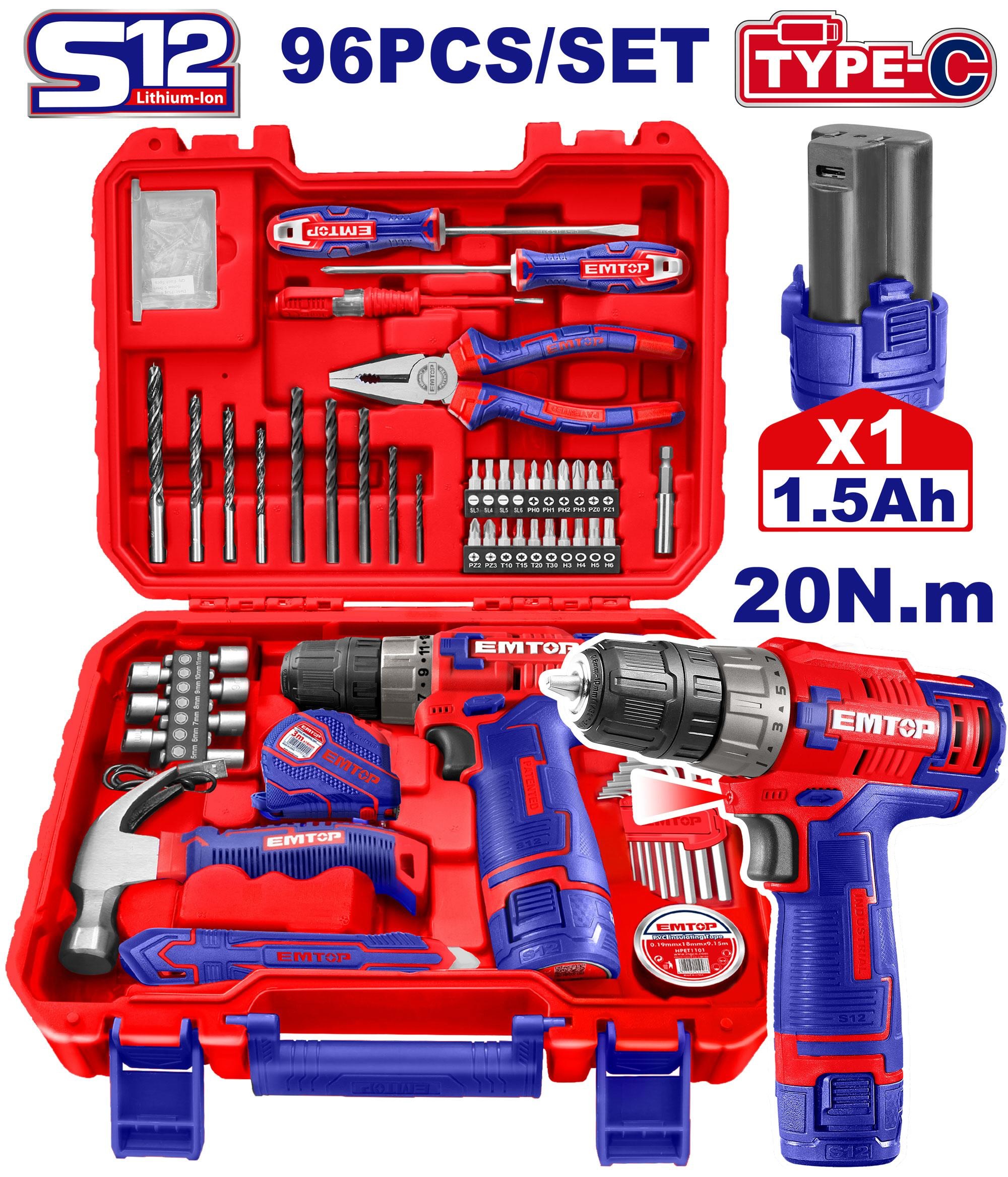 EMTOP - 96-Piece Toolkit w/ 12V 20Nm Cordless Drill