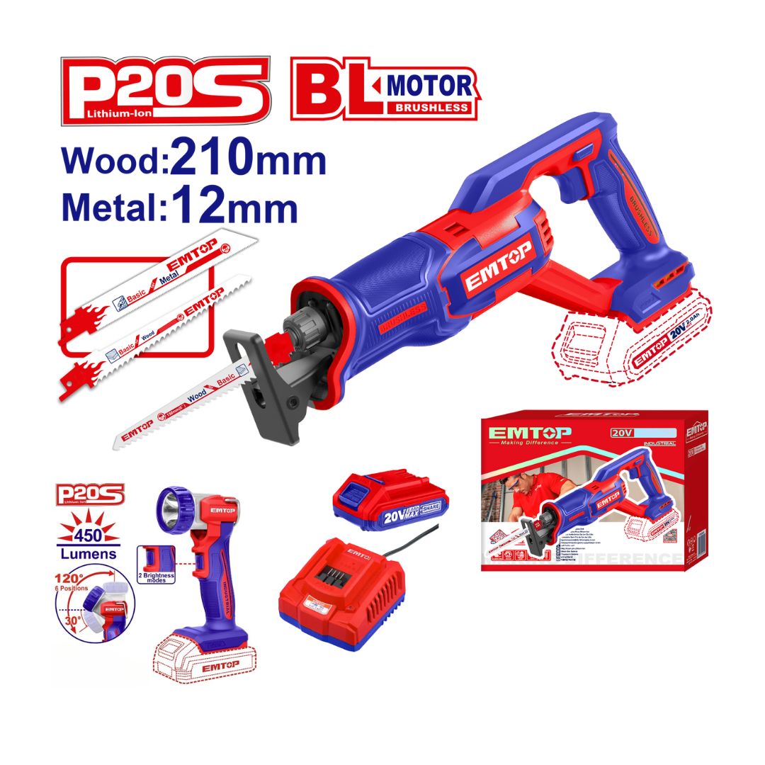EMTOP - 2 Pcs COMBO Cordless Reciprocating Saw + Work Lamp