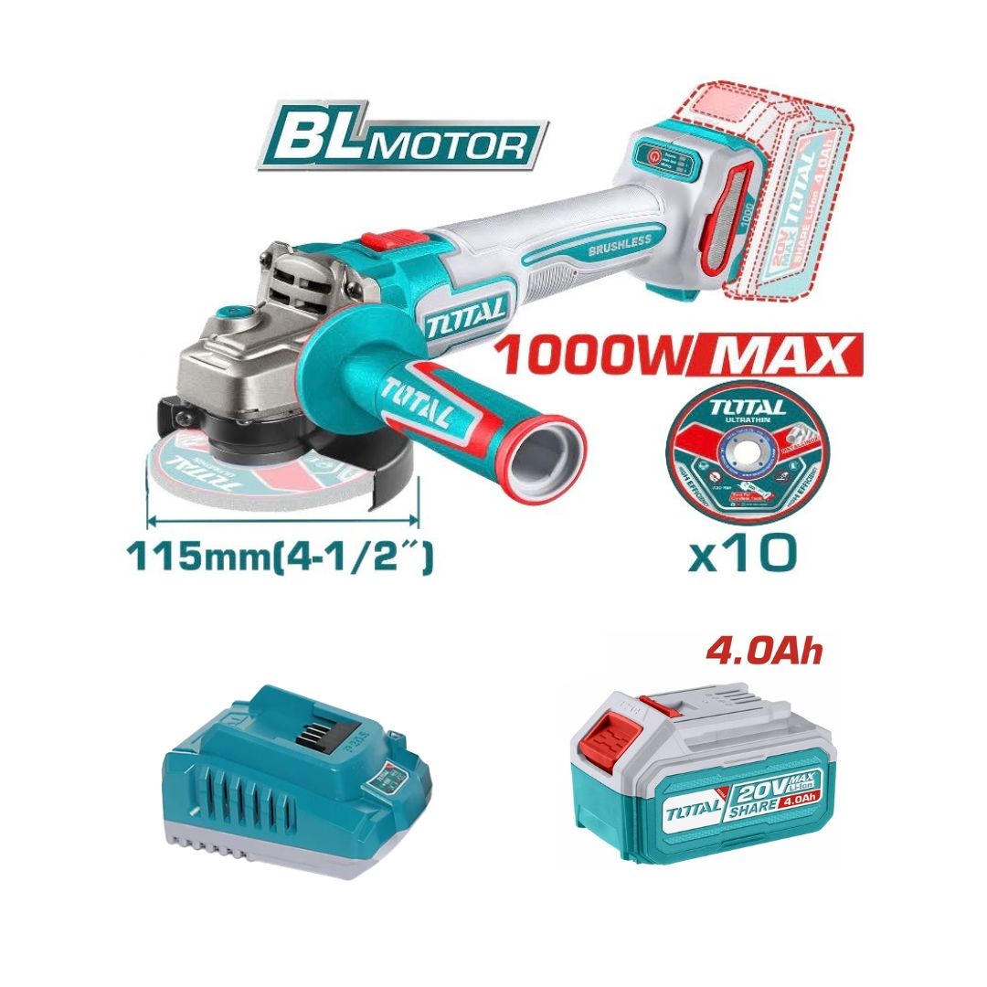TOTAL - Cordless Brushless Angle Grinder 115mm Set