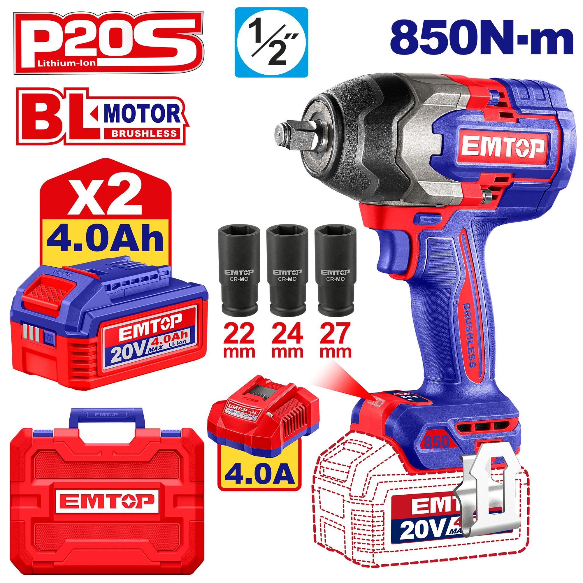 EMTOP - 20V Heavy Duty 850Nm  Cordless Impact Wrench Set