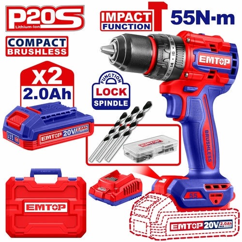 EMTOP Cordless Brushless Impact Drill 55 Nm