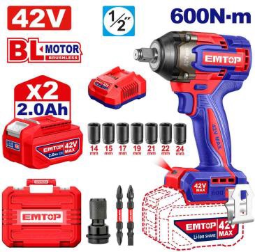 EMTOP - 42V Cordless Brushless Impact Wrench 600Nm 