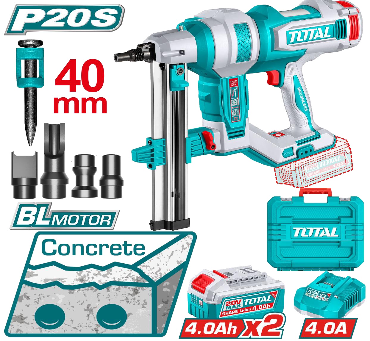 TOTAL - 20V Cordless Concrete Nail Gun (40mm)  Set 