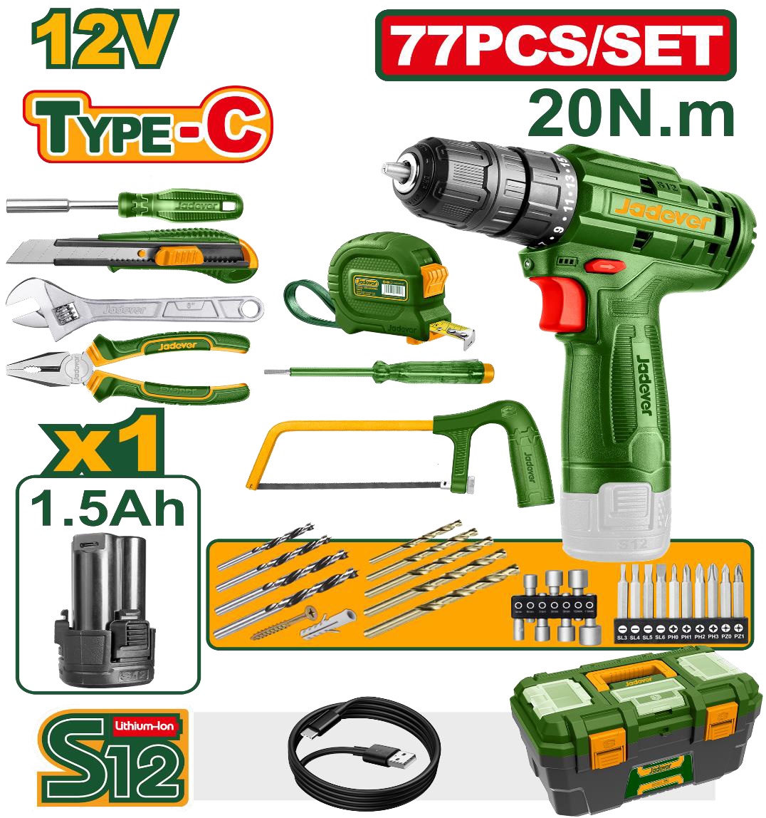 JADEVER - 77-Tool Set with 20Nm Cordless Drill