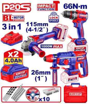 EMTOP -  3 in 1 Cordless Power Tool Combo Kit (Impact Drill, Angle Grinder , 26mm Rotary hammer) 