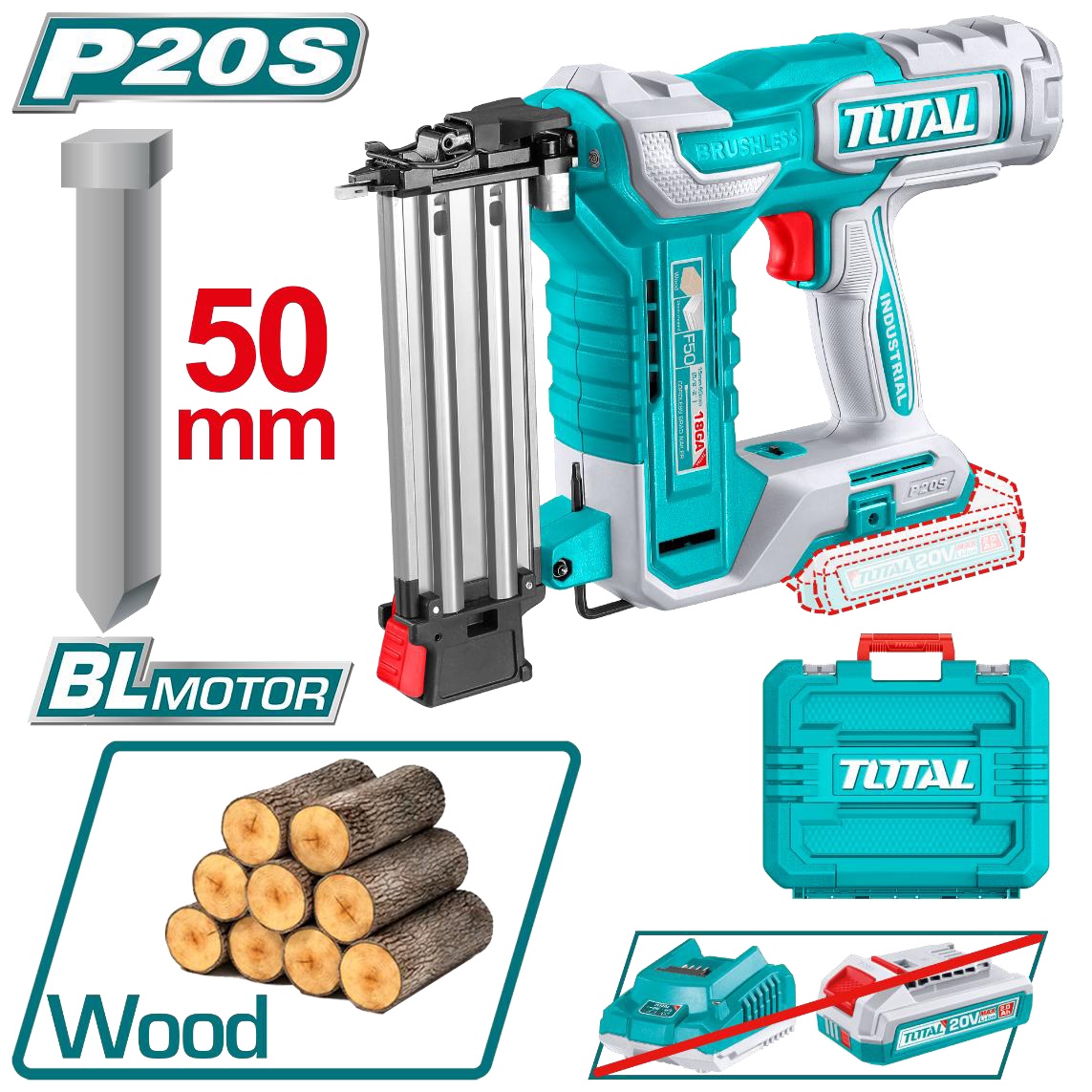 TOTAL -  20V Cordless Brad Nail Gun 50mm