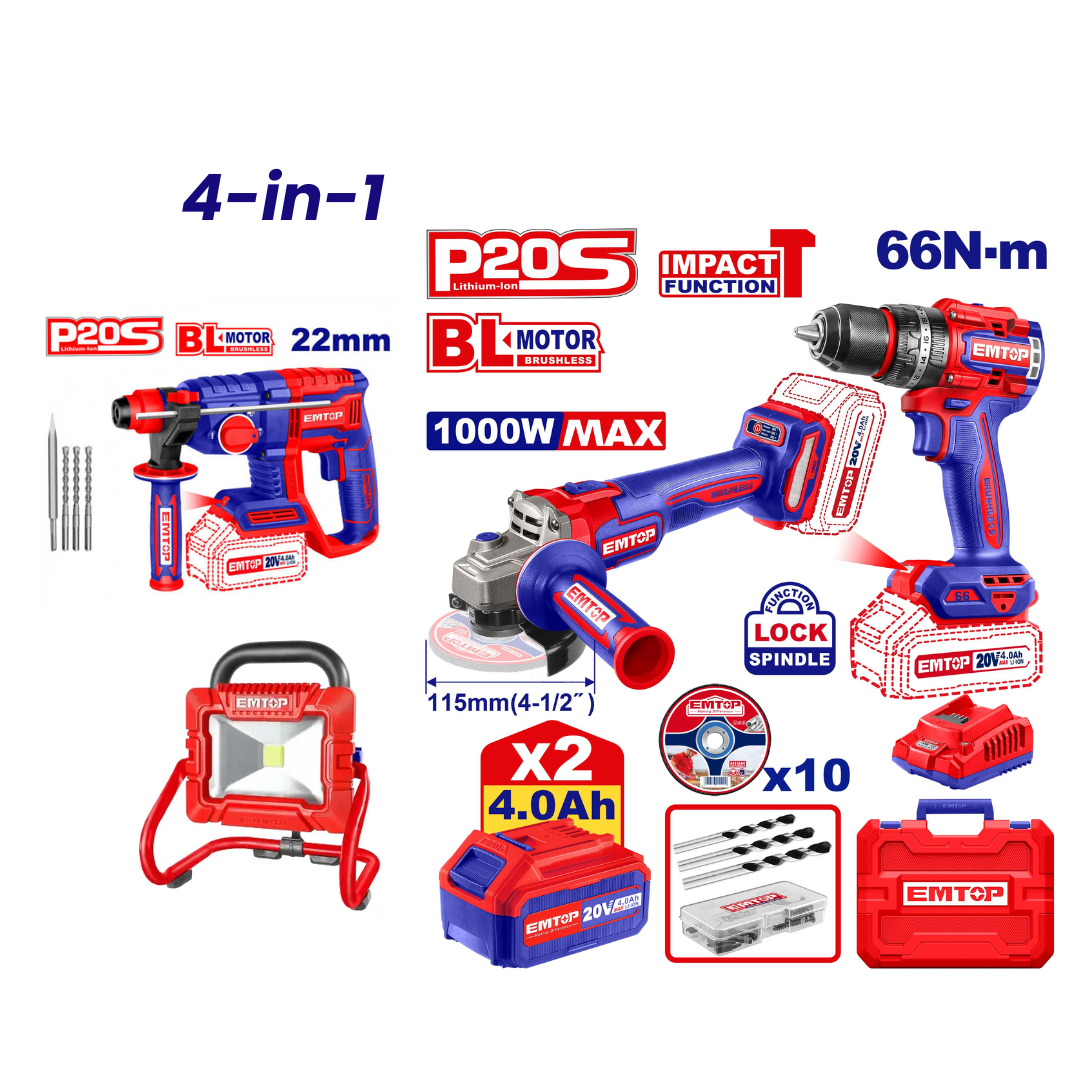 EMTOP 4-in-1 Cordless Power Tool Set (impact drill, angle grinder, rotary hammer 22mm, work light) 