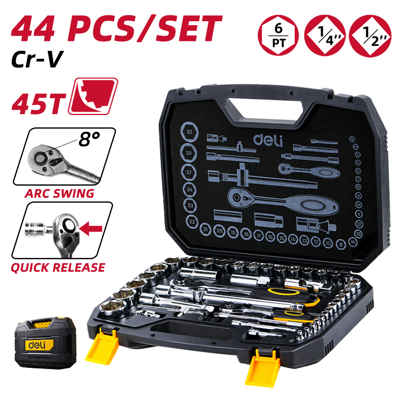 DELI - 44 Piece Combined 1/2" and /1/4" Socket & Ratchet Wrench Set