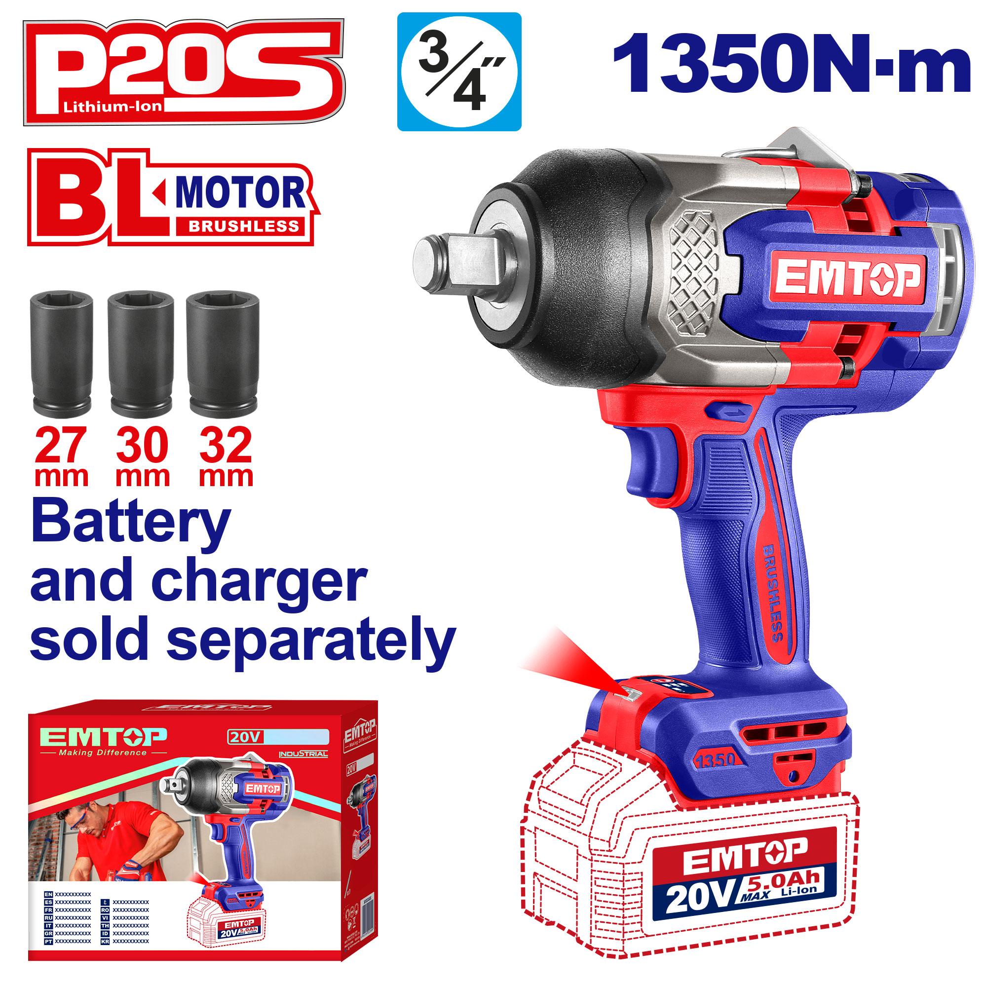 EMTOP - 20V Heavy Duty Impact Wrench 1350Nm 
