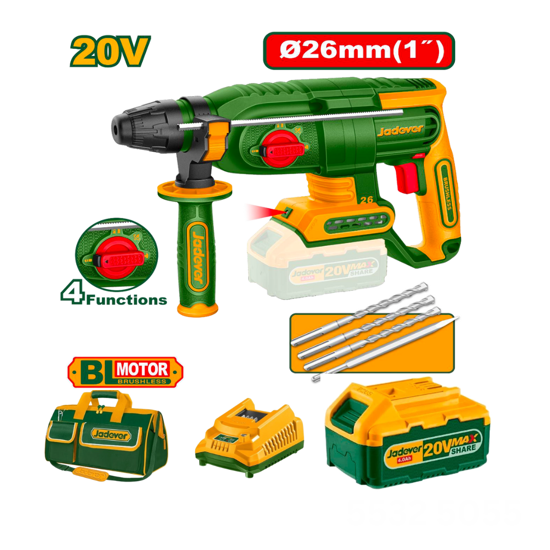 Jadever - 20V Cordless 26mm Rotary Hammer Drill Set w/19" ToolBag