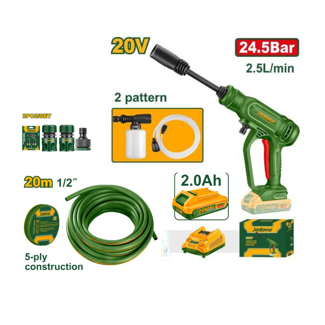 JADEVER -  20V Cordless High Pressure Washer Set w/ 20M water hose & 3 Piece Connector 