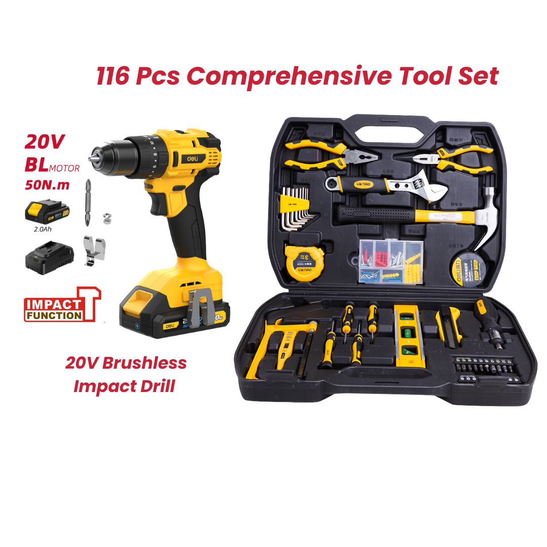  116 Pcs Comprehensive Tool Set & 20V Brushless Impact Drill Combo  