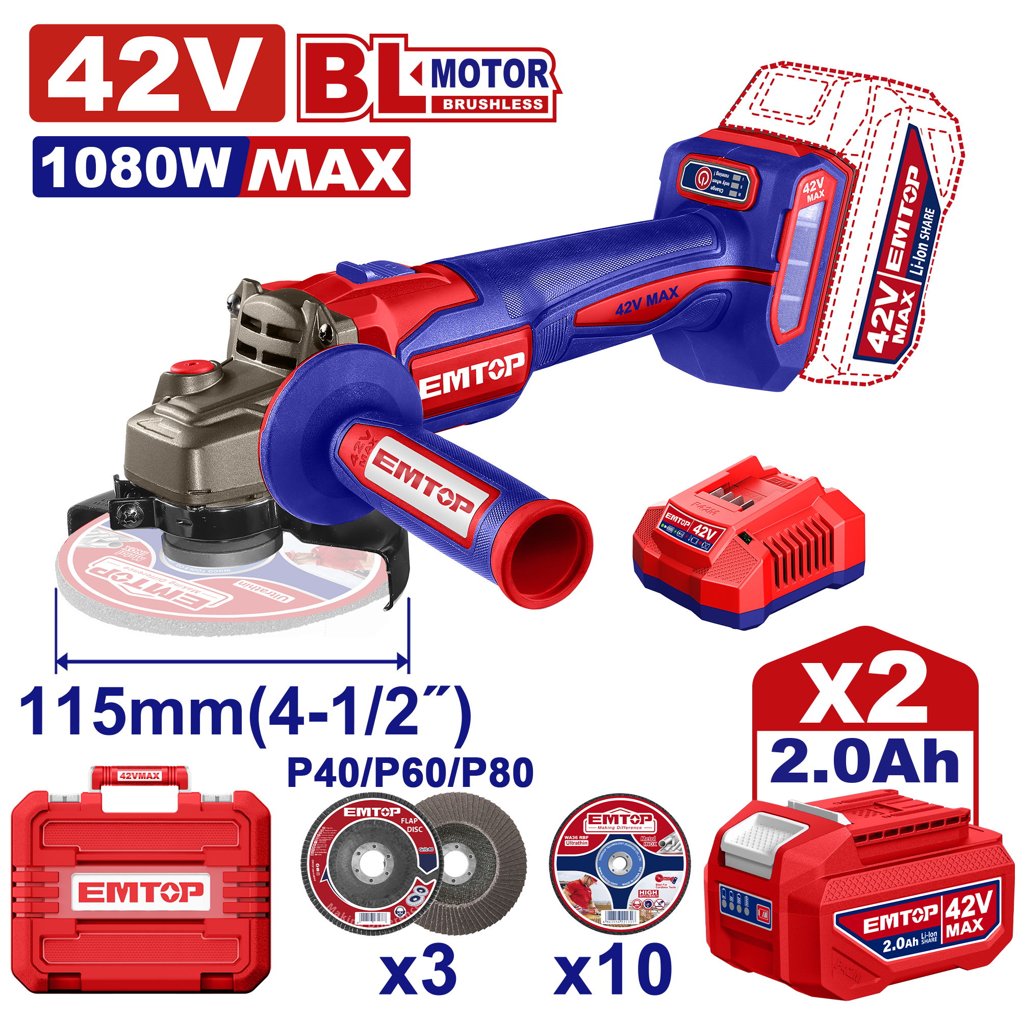 EMTOP -  42V Brushless 115mm Angle Grinder Set (1080W max)
